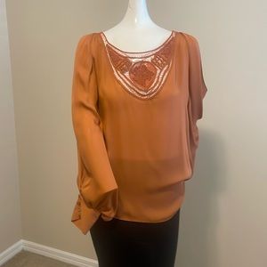 Haute Hippie Bronze Silk Chiffon Top with Dilma sleeves and Rounded Bottom M EC